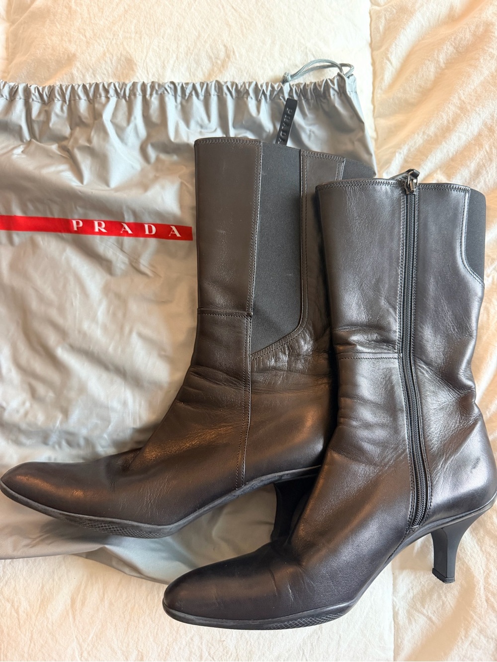 Prada Brown Leather Mid-Calf Heeled Boots